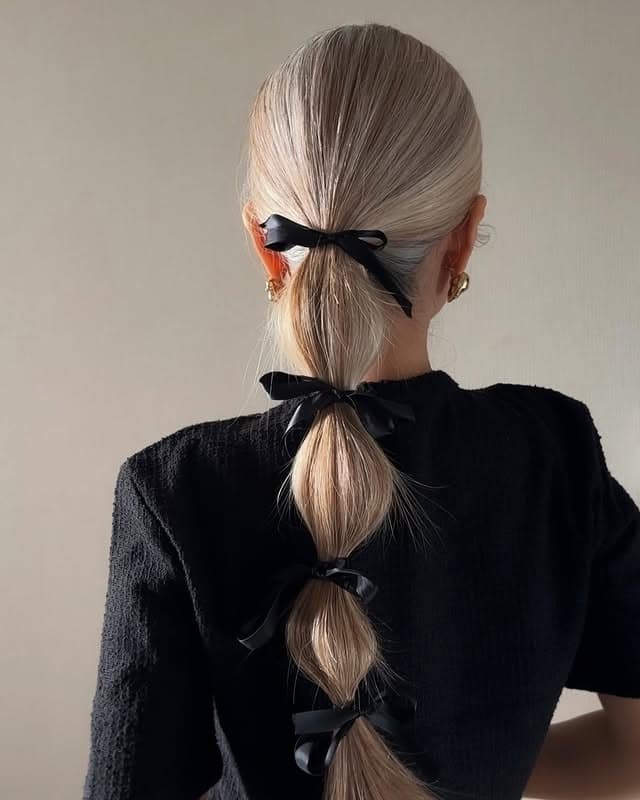 16. Bubble Ponytail with Black Ribbon Ties - Simple Hairstyles