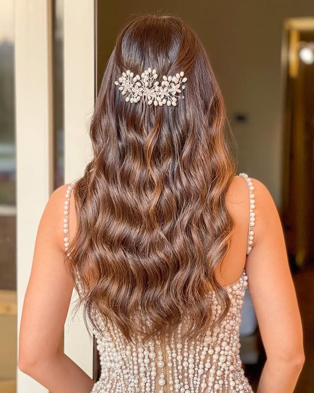 20. Wave Pattern Half-Up with Pearl Clip in Chestnut Brown - Simple Hairstyles