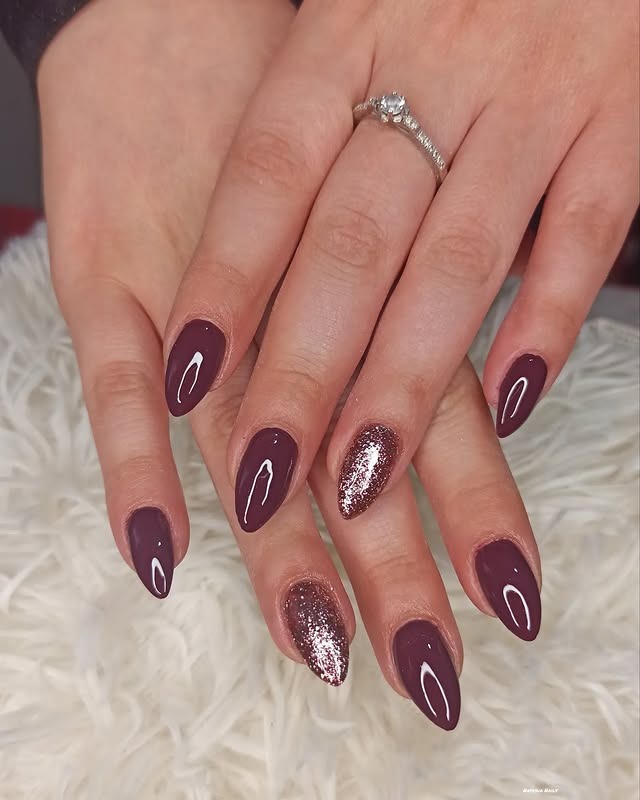 5. Mulberry Almond Nails with Rose-Gold Glitter Accent - dark color nail ideas