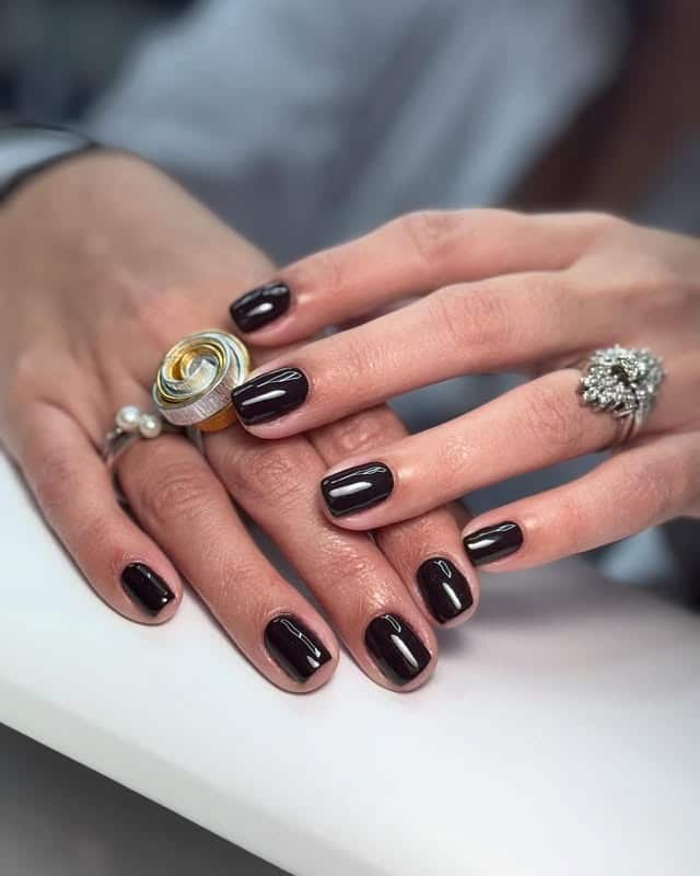8. Ink Black Short Nails with Mirror Shine - dark color nail ideas
