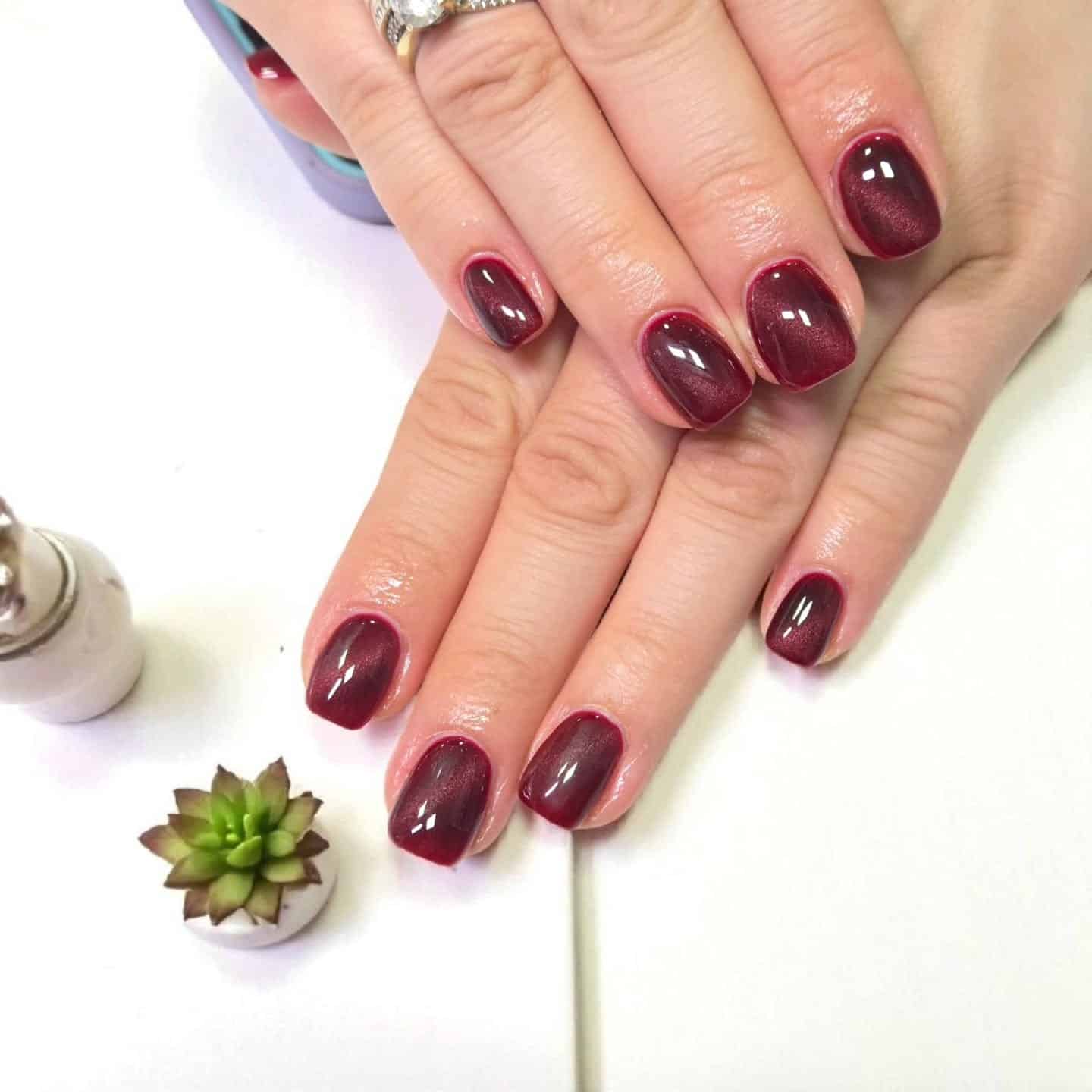 10. Burgundy Cat-Eye Short Nails - dark color nail ideas