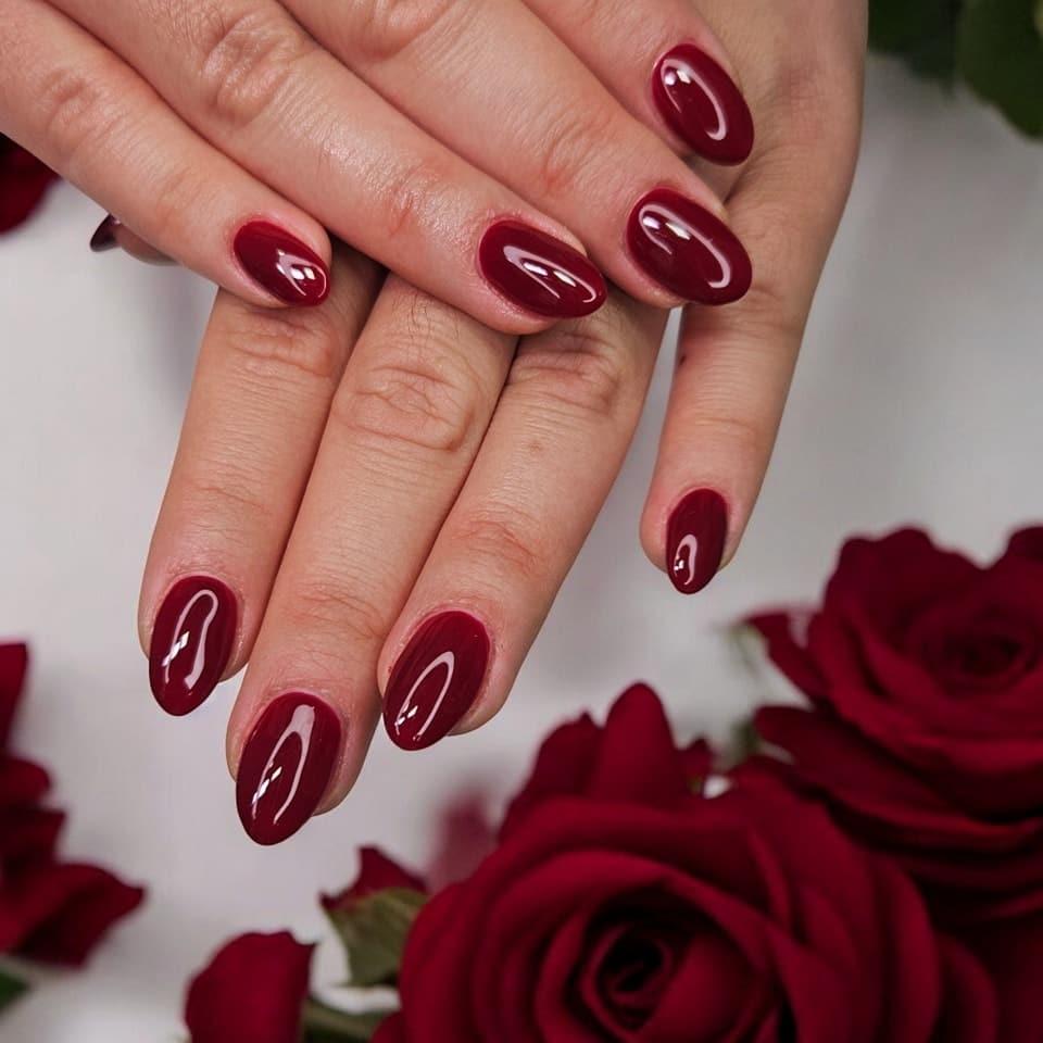 11. Rose Red Oval Nails - dark color nail ideas