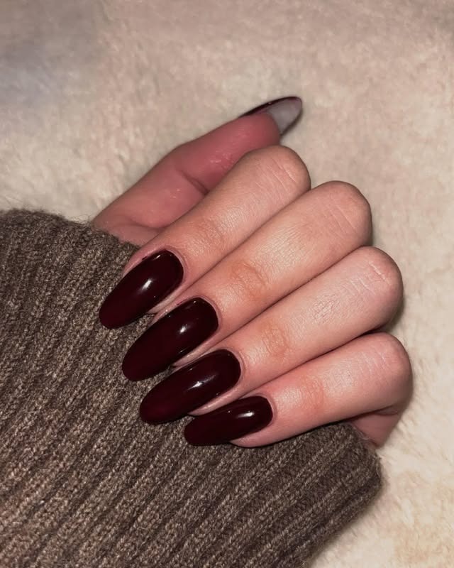12. Deep Merlot Long Almond Nails - dark color nail ideas