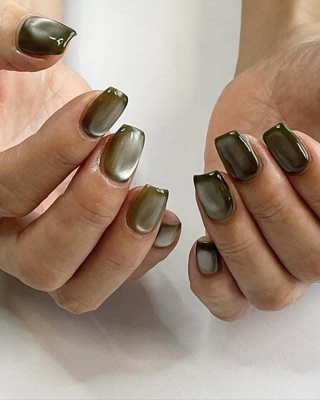 15. Olive Chrome Square Nails - dark color nail ideas