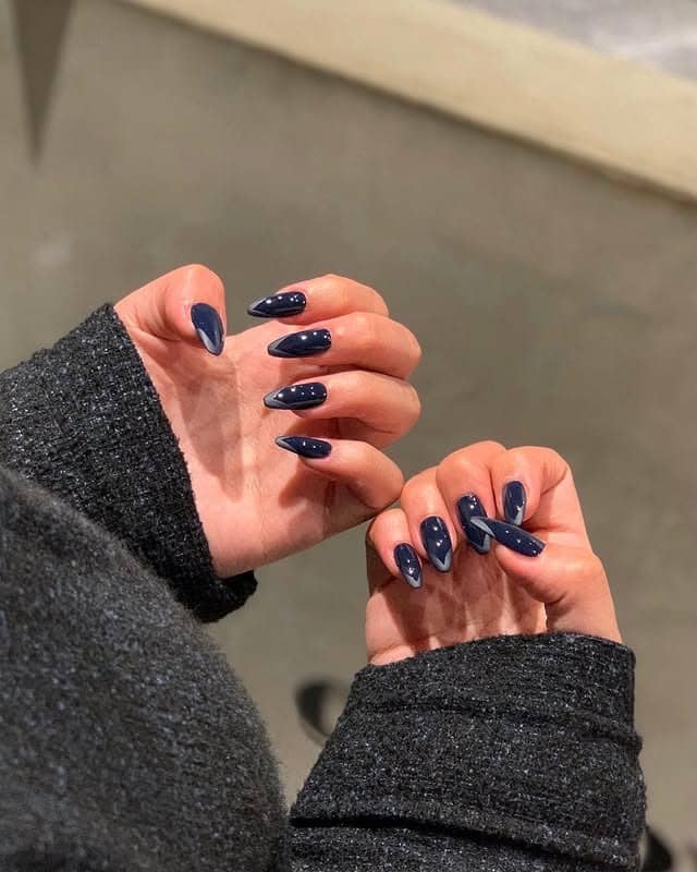 18. Navy Almond Nails with Micro-Sparkle - dark color nail ideas