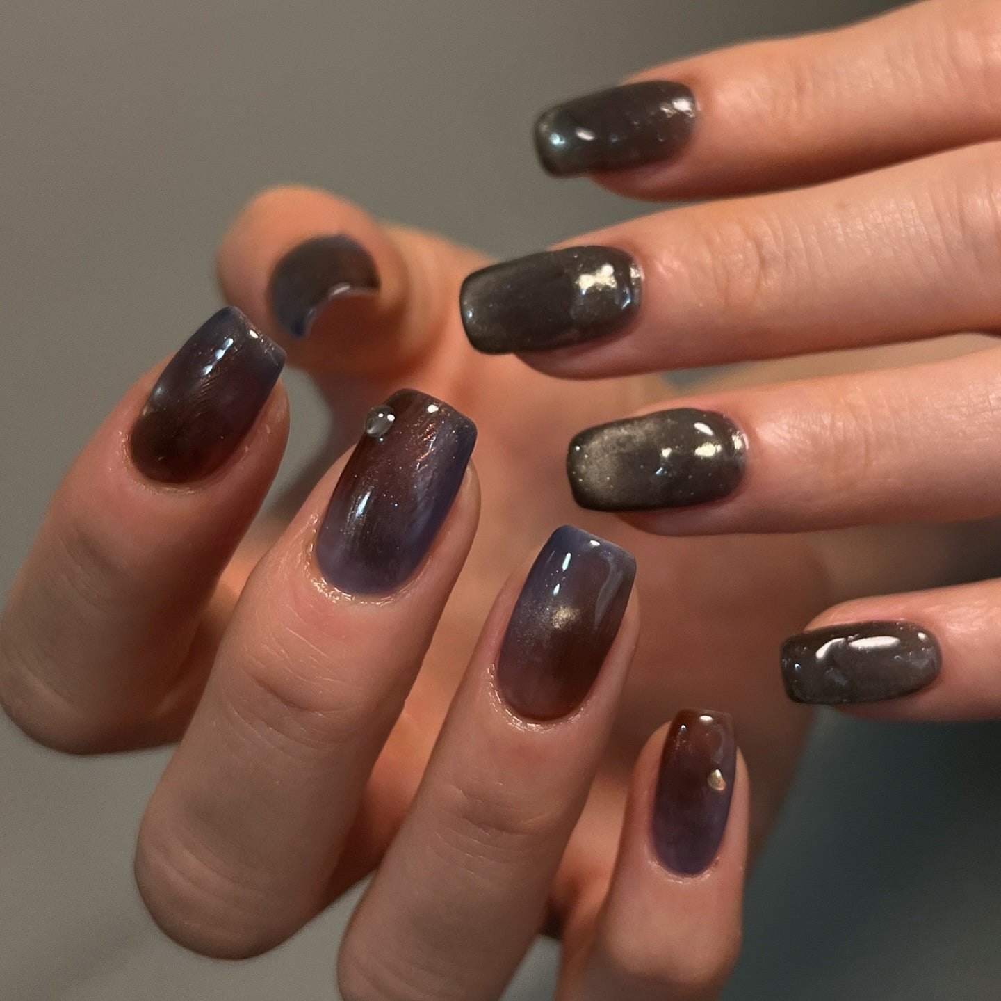 20. Twilight Gradient Square Nails with Subtle Embellishments - dark color nail ideas
