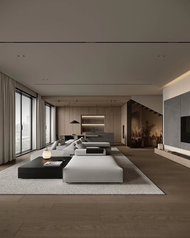 1. Minimal Luxe Lounge with Soft Neutrals and Deep Wood Tones - dark wood floor living room ideas