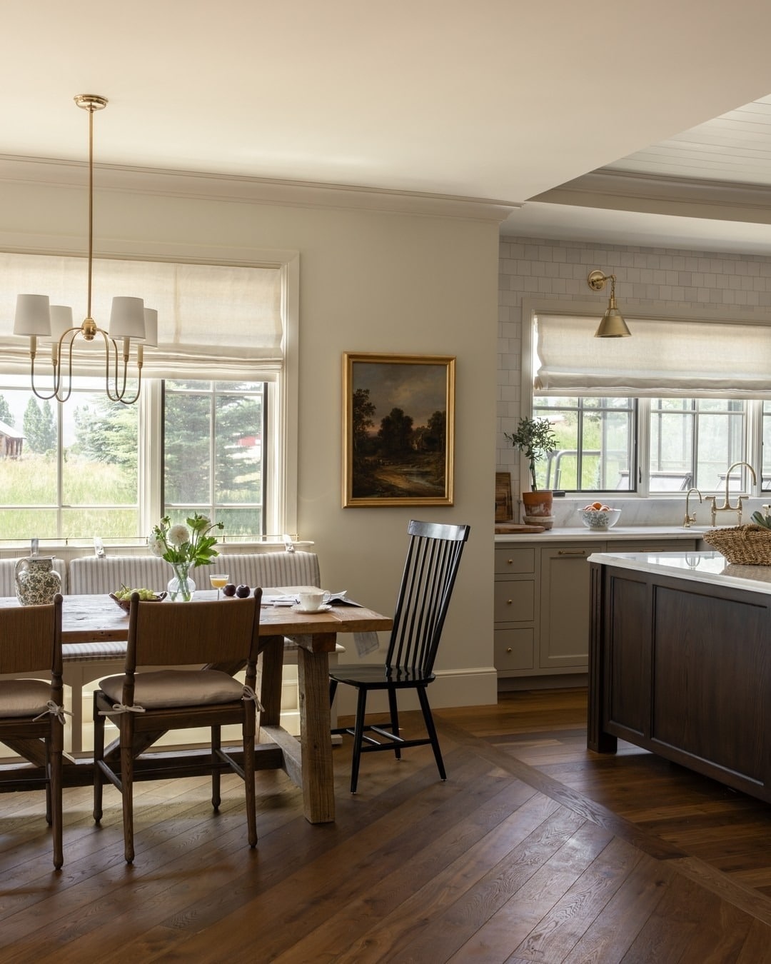 2. Warm Classic Dining–Living Blend with Brushed Brass and Rustic Woods - dark wood floor living room ideas