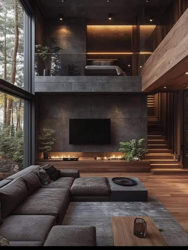 3. Modern Loft Retreat with Charcoal Accents and Rich Timber Flooring - dark wood floor living room ideas