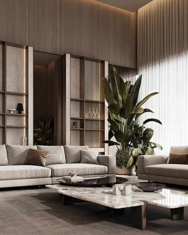 4. Sculpted Elegance with Stone Details and Polished Neutrals - dark wood floor living room ideas