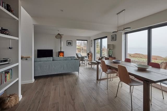 5. Coastal Modern Living with Clean Lines and Earthy Finishes - dark wood floor living room ideas