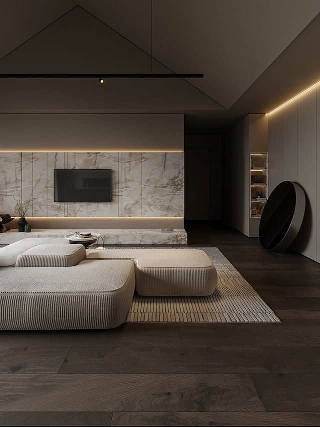 6. Marble-Lined Sanctuary with Soft Lighting and Structured Forms - dark wood floor living room ideas