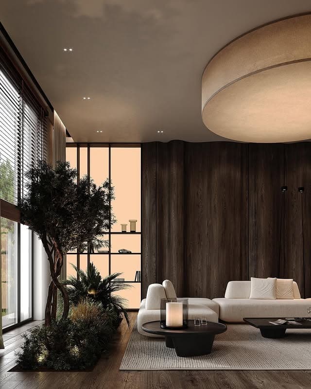 7. Organic Modern Lounge with Sculpted Greenery and Earth-Toned Woods - dark wood floor living room ideas