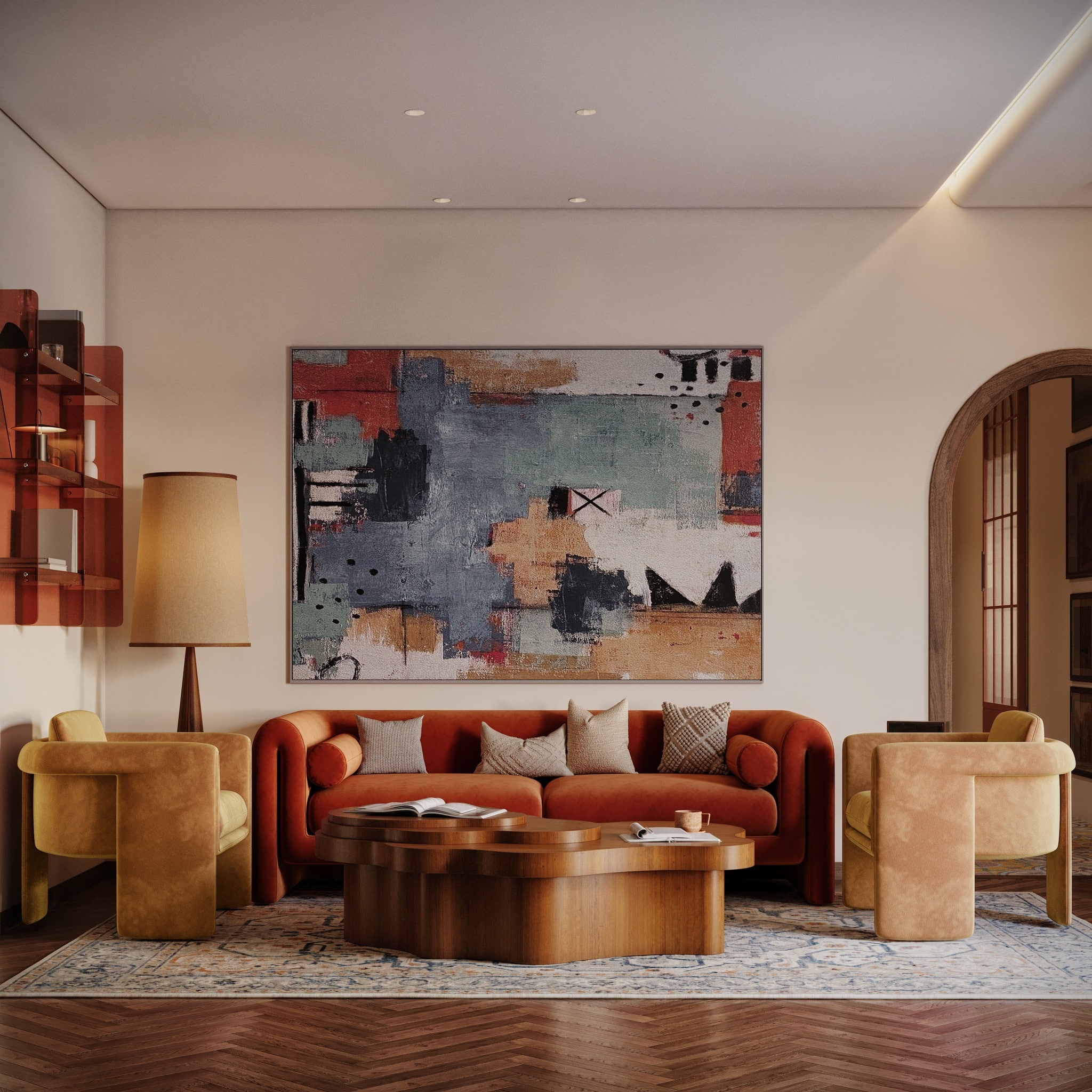 8. Retro-Modern Color Story with Polished Timber and Bold Artwork - dark wood floor living room ideas