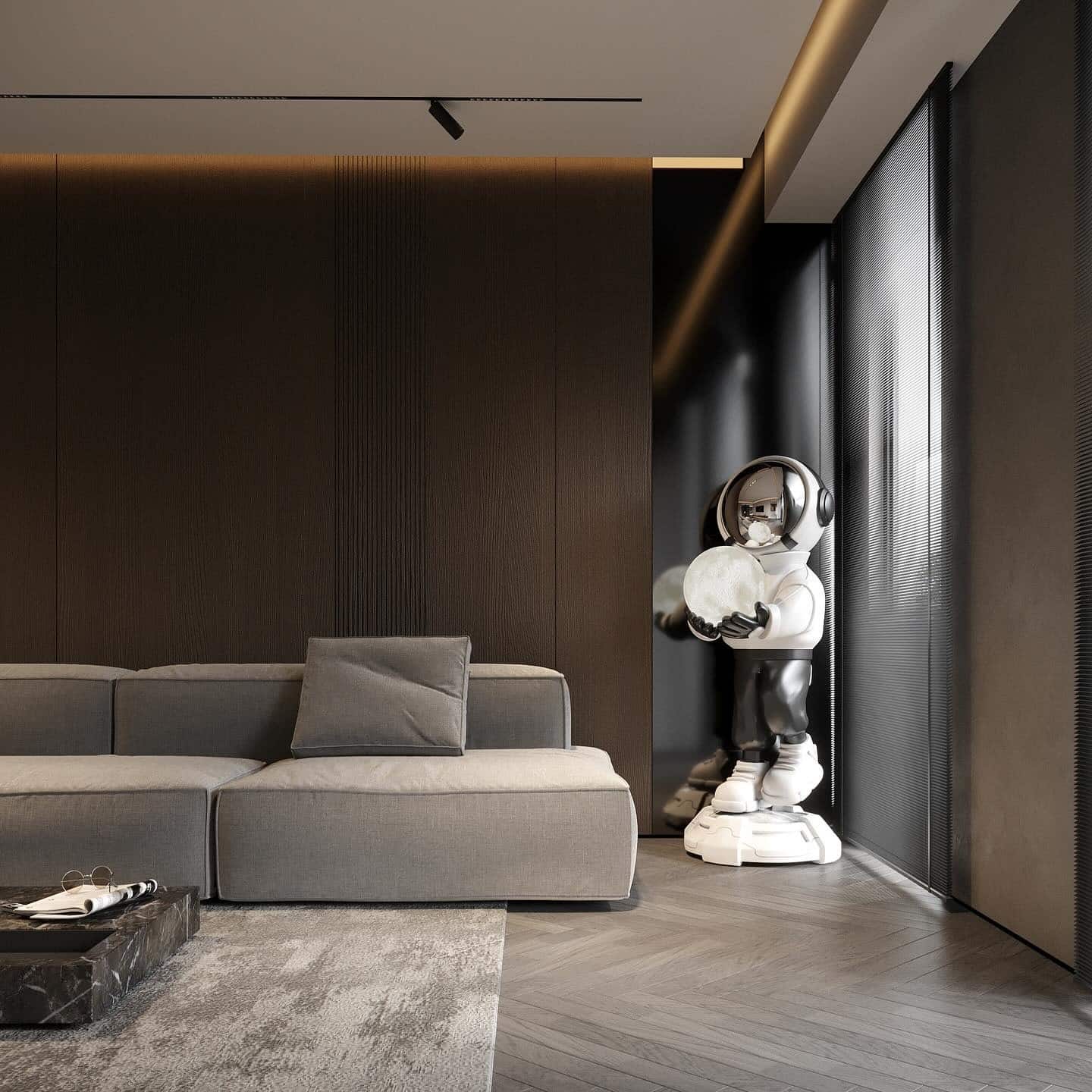 10. Sleek Contemporary Space with Matte Charcoal Walls and Statement Decor - dark wood floor living room ideas