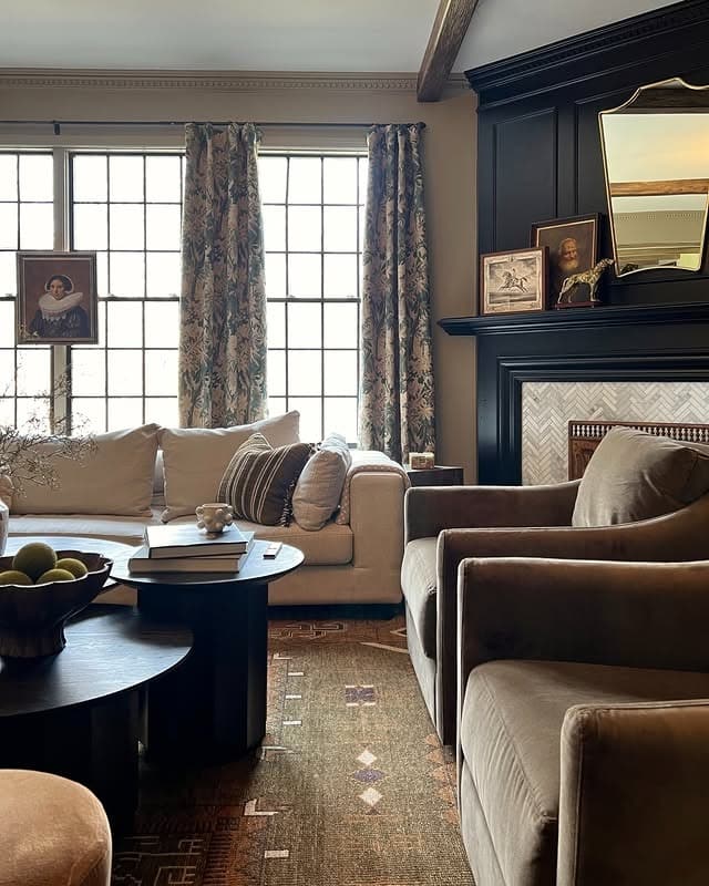 11. Heritage Charm with Espresso Woodwork and Soft Neutrals - dark wood floor living room ideas