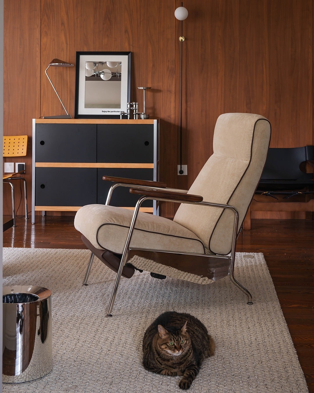 13. Mid-Century Composition with Rich Walnut and Cream Upholstery - dark wood floor living room ideas