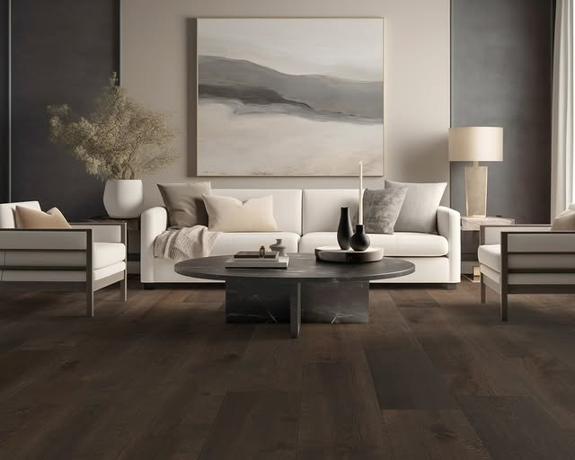 16. Soft Contemporary Neutrals with Deep Espresso Planks - dark wood floor living room ideas