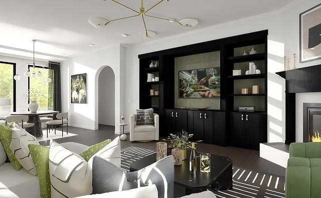 22. Black Built-Ins with Sunlit Dark Floors and Crisp White Architecture - dark wood floor living room ideas