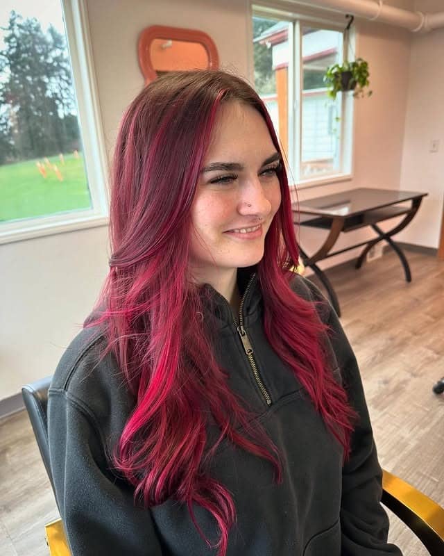 6. Pink-Red Face Frame with Seamless Long Layers - Red Hair with Highlights