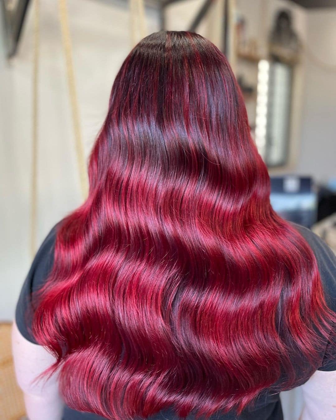 12. Glossy Cherry Waves with Deep Root Melt - Red Hair with Highlights