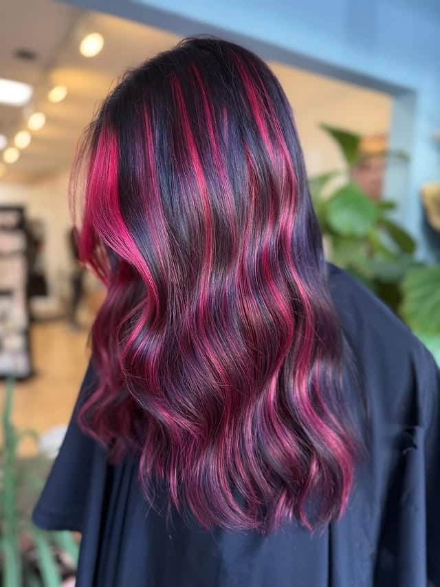 14. Pink-Red Ribbon Highlights on Midnight Base - Red Hair with Highlights