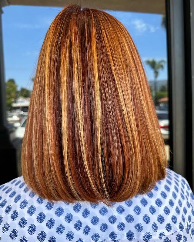 20. Copper Gold Highlighted Bob with Smooth Finish - Red Hair with Highlights