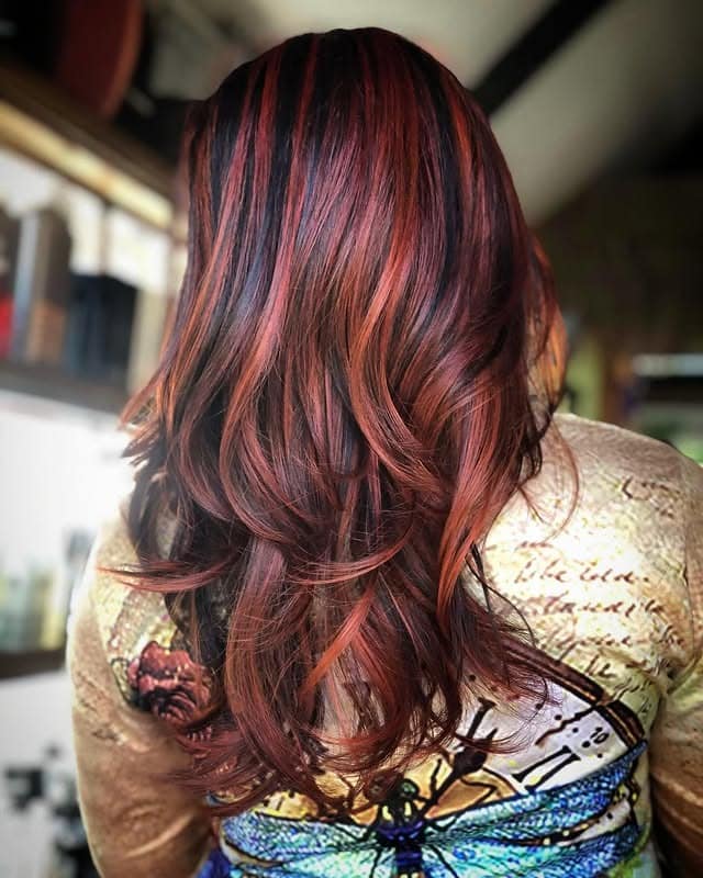 21. Layered Mahogany Red with Copper Stream Highlights - Red Hair with Highlights