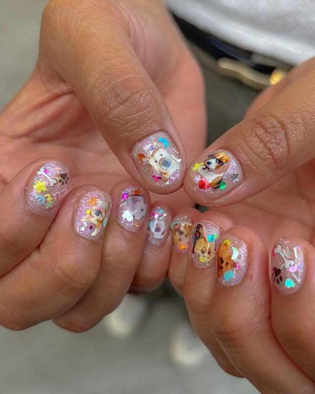 3. Glittered Puppy Sticker Mania - dog nail ideas