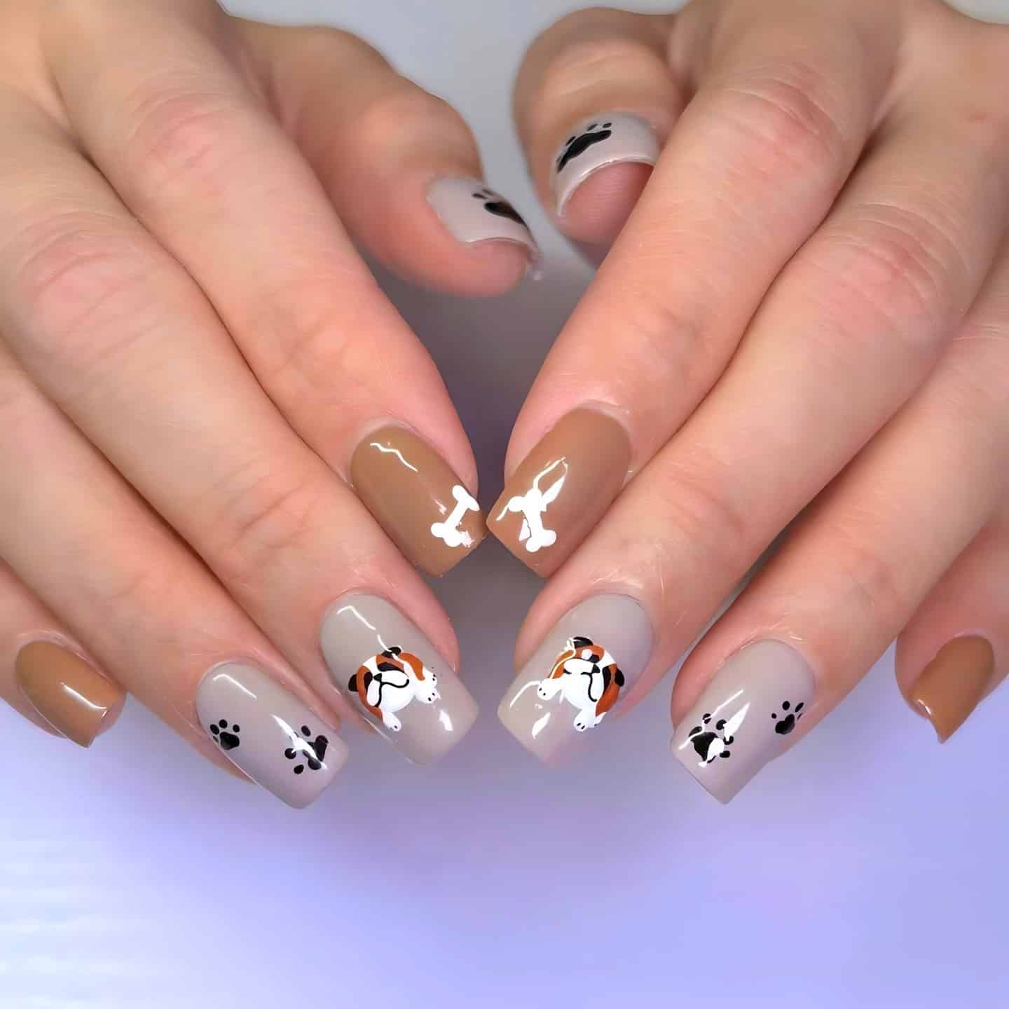 7. Bulldog Pops on Neutral Squares - dog nail ideas