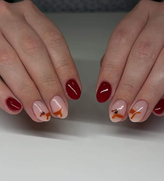 8. Red & Nude Dachshund Minimalist Nails - dog nail ideas