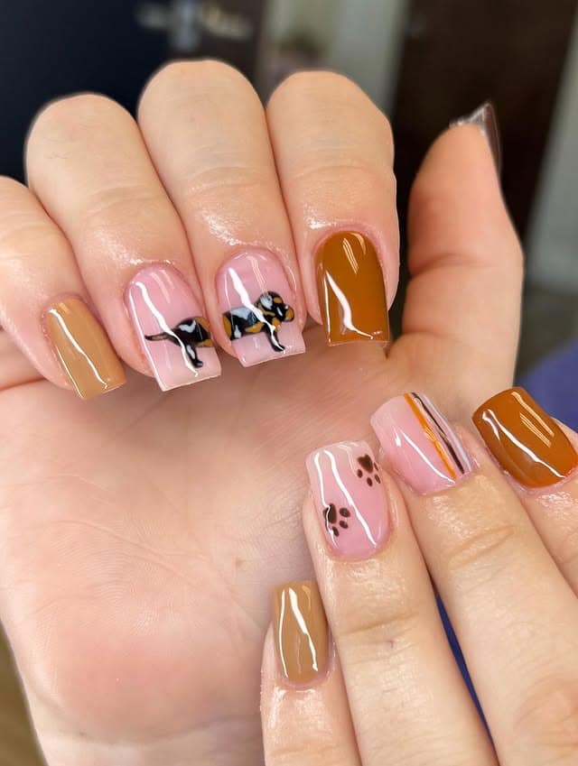 10. Beagle & Paw-Print Colorblock Nails - dog nail ideas