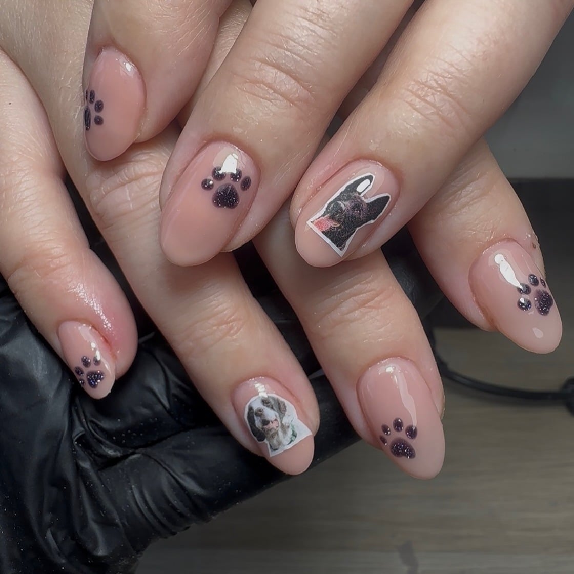 11. Soft Nude Pup Portrait Nails with Glitter Paw Prints - dog nail ideas