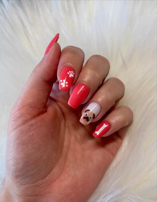 12. Coral & White Puppy Accent Nails - dog nail ideas
