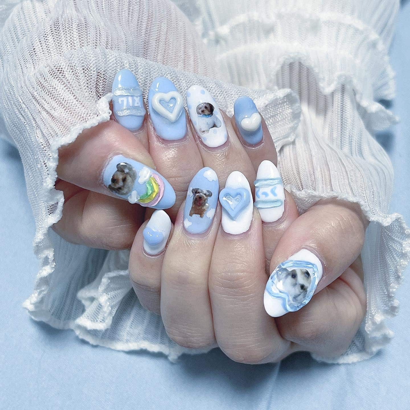 17. Blue & White Cloud Puppy Nails - dog nail ideas