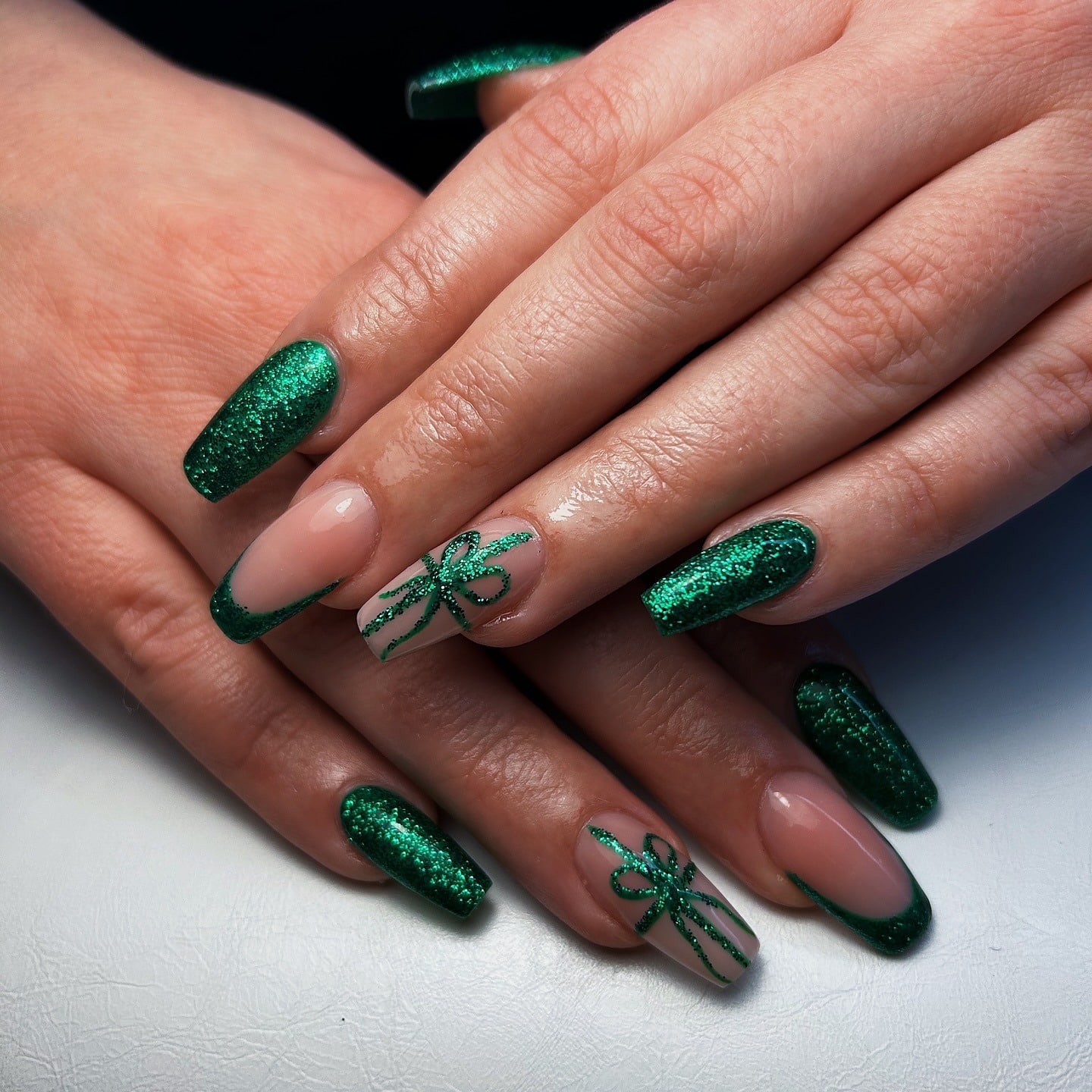 2. Glitter Emerald French Layers With Ribbon Art - emerald nail ideas