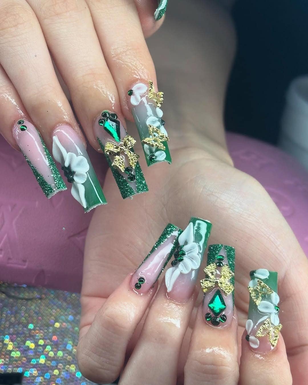 4. Extravagant Emerald Sculpted Set With Florals and Gold Charms - emerald nail ideas