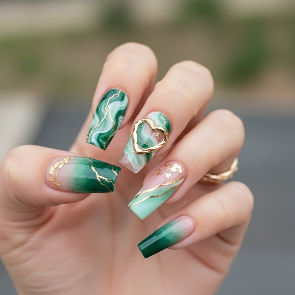 12. Marbled Emerald Coffin Nails With Gold Detailing - emerald nail ideas