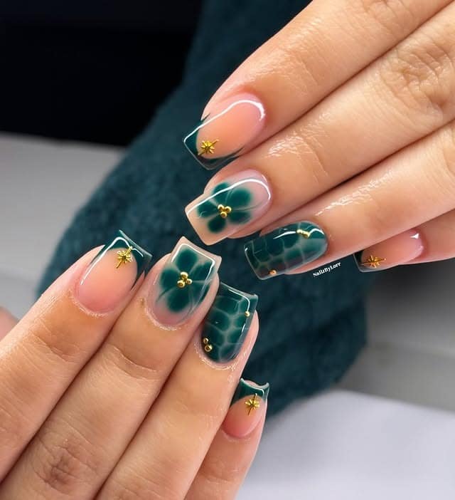 21. Emerald Bloom Square Nails With Gold Accents - emerald nail ideas