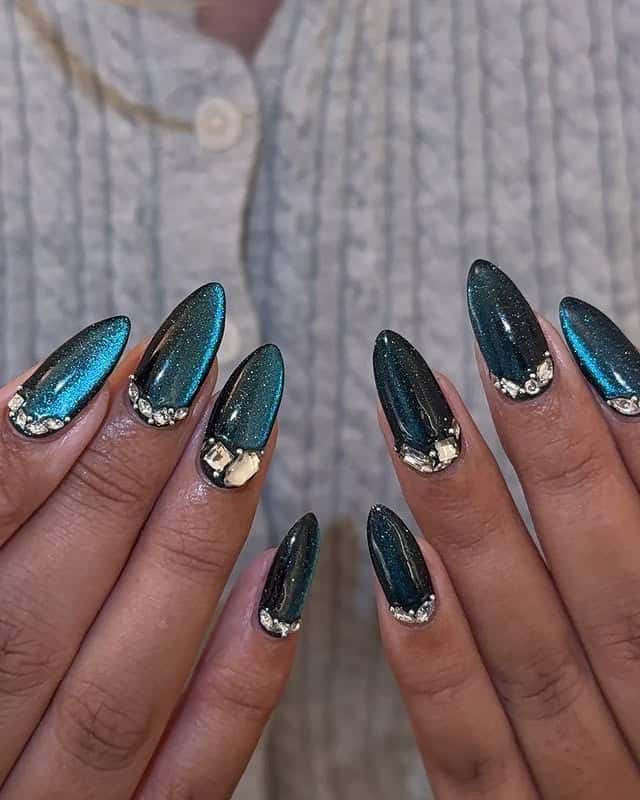22. Teal-Emerald Chrome Almond Nails With Crystal Cuticles - emerald nail ideas
