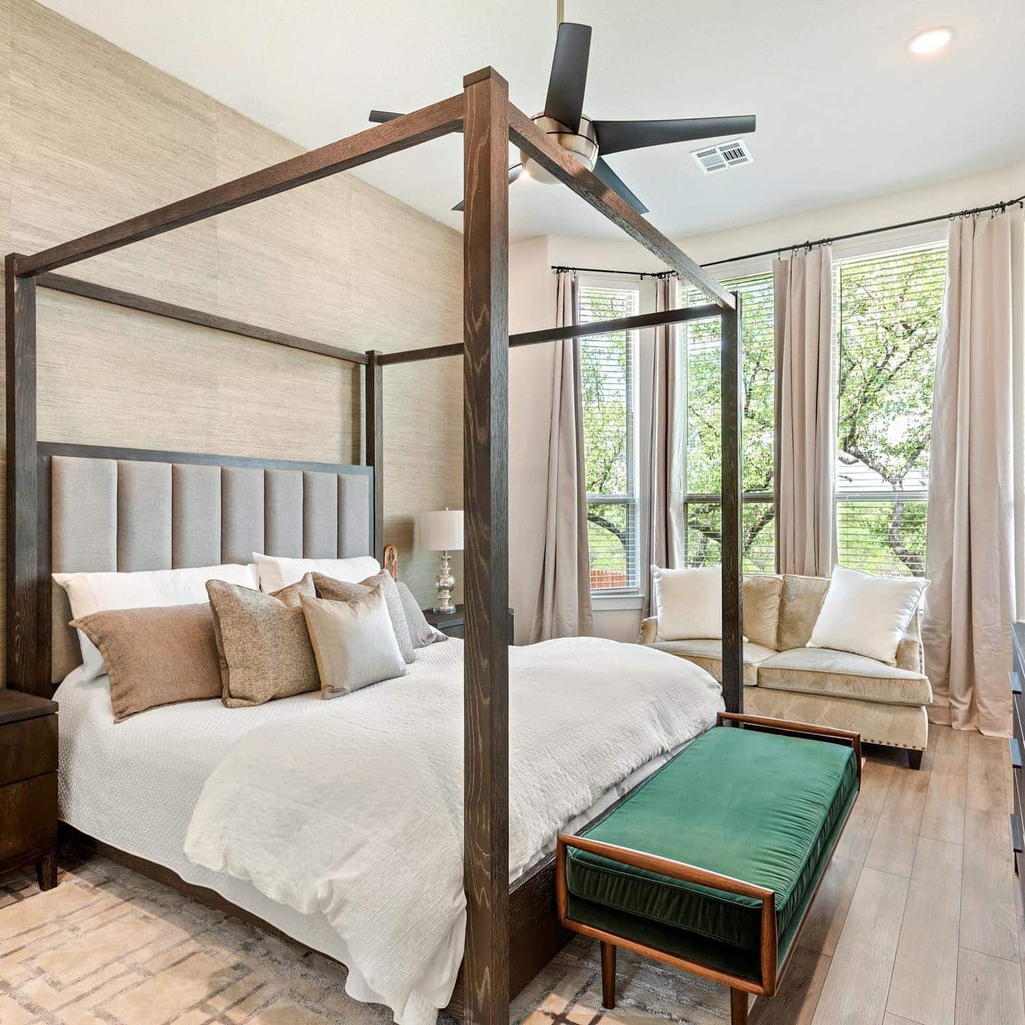 3. Modern Four-Poster Suite in Neutrals and Emerald - cool bedroom ideas