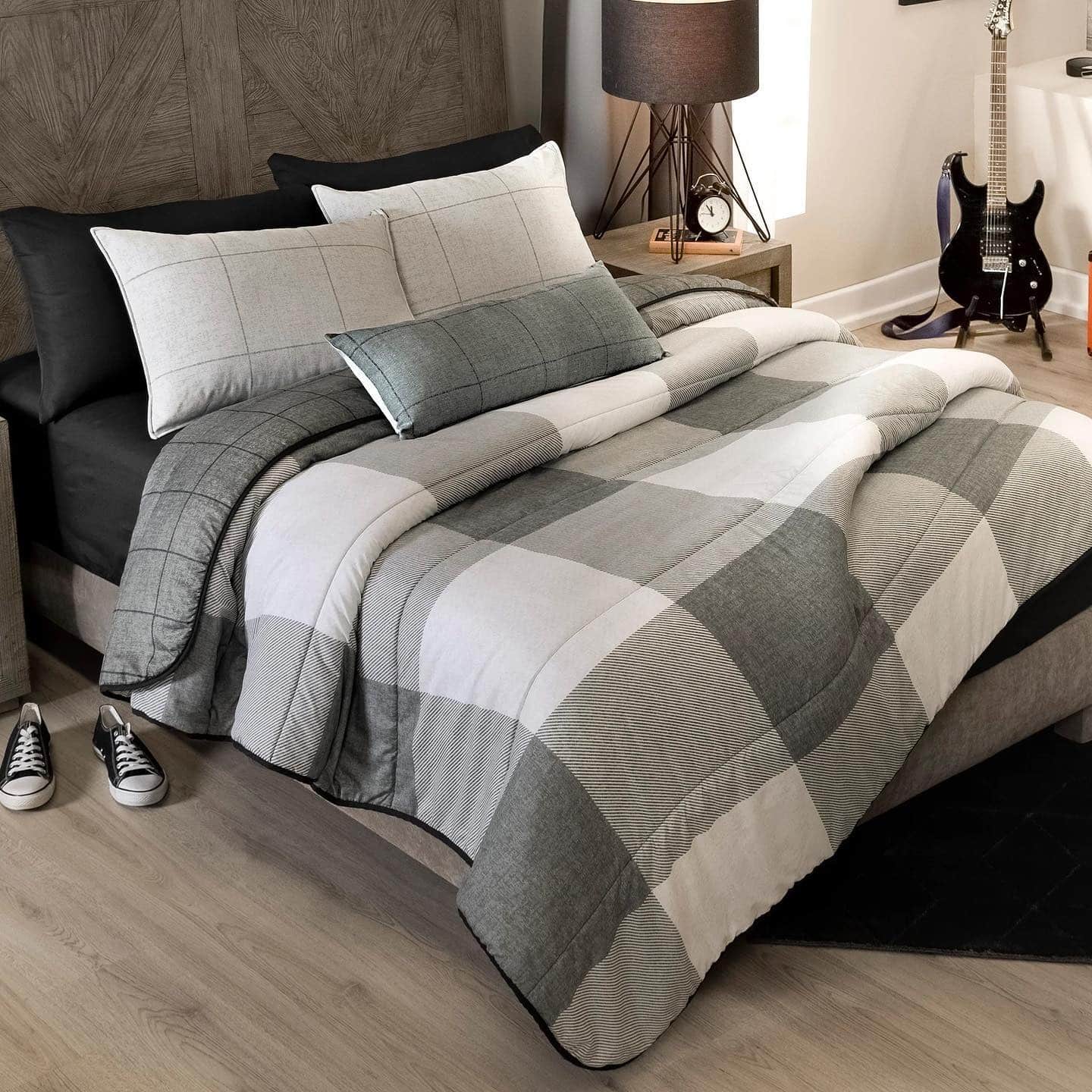 6. Grey Checkered Comfort with a Modern Edge - cool bedroom ideas