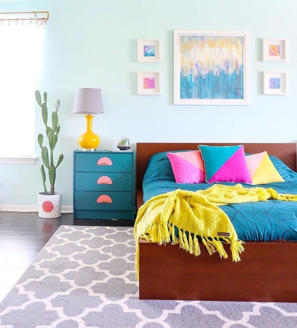 10. Bold Color Pop Bedroom in Teal, Pink, and Yellow - cool bedroom ideas