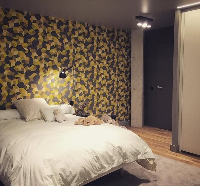 12. Geometric Feature Wall with Soft Neutrals - cool bedroom ideas