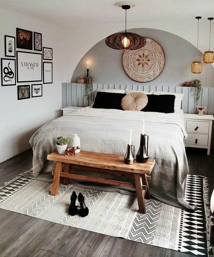16. Soft Arc Accent Wall in Greys and Warm Woods - cool bedroom ideas