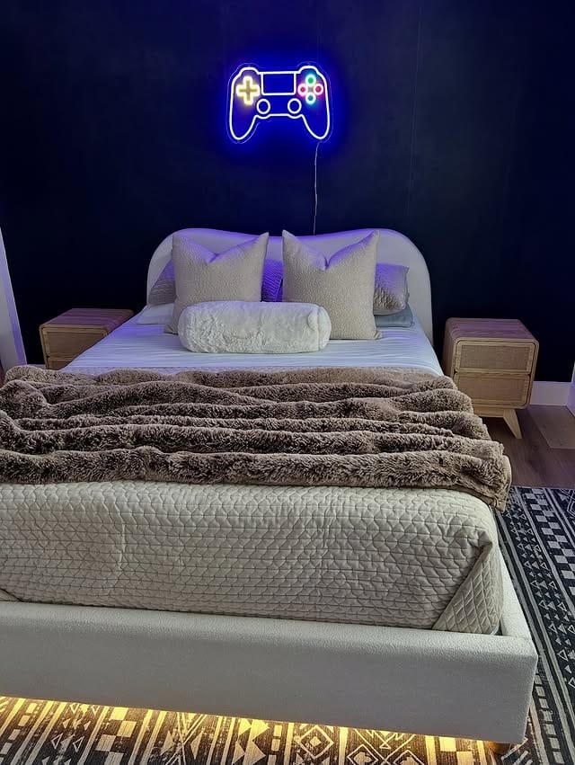 17. Neon Gamer Glow with Cozy Neutrals - cool bedroom ideas