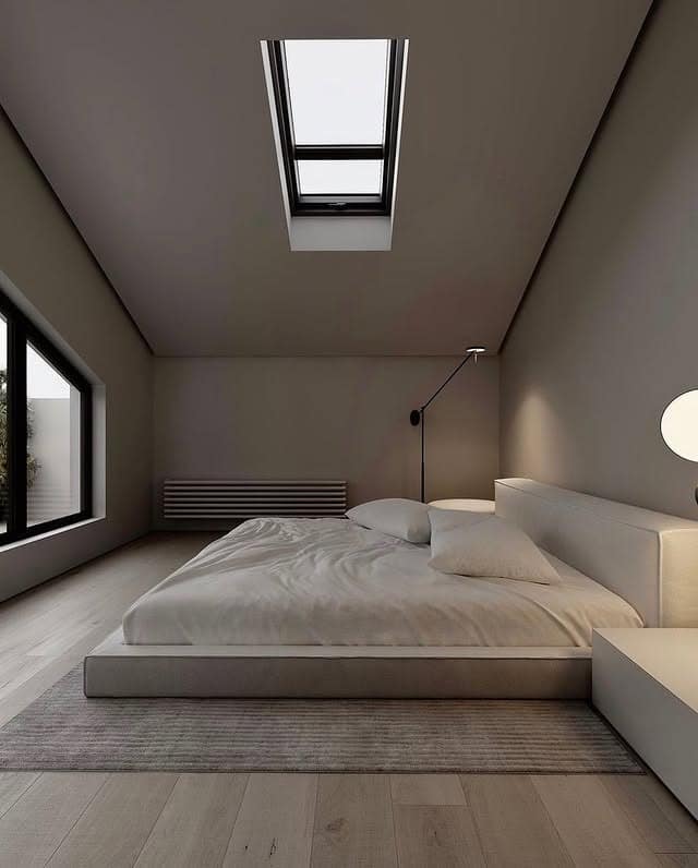 18. Minimal Skylight Bedroom in Soft Taupe - cool bedroom ideas
