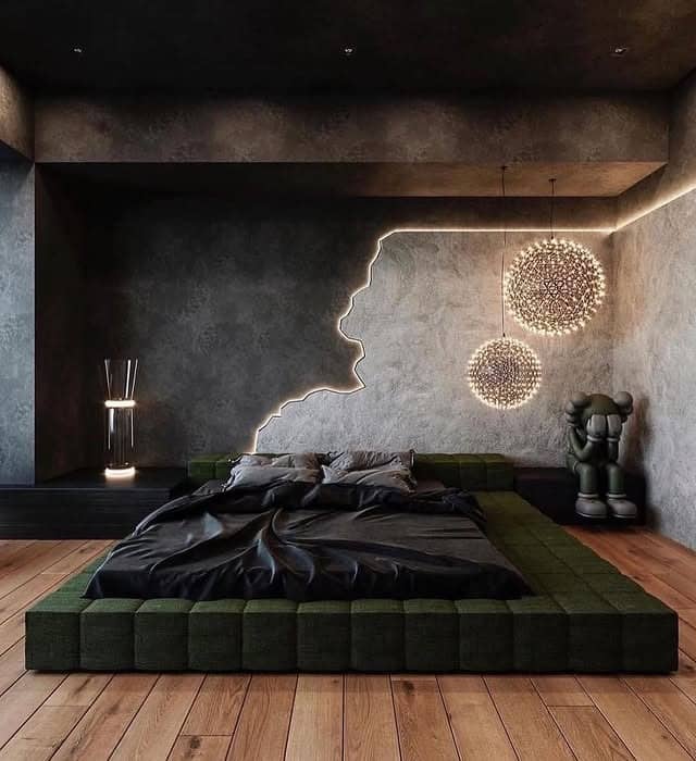21. Moody Charcoal Suite with Sculptural Lighting - cool bedroom ideas