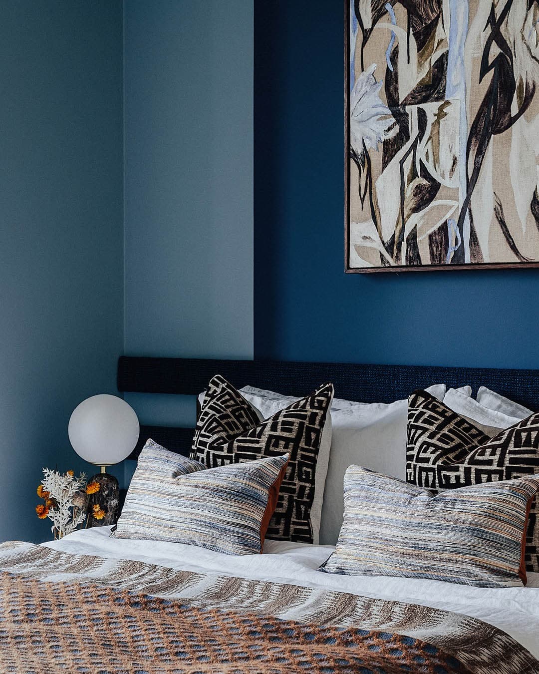 22. Layered Blue Bedroom with Textured Patterns - cool bedroom ideas