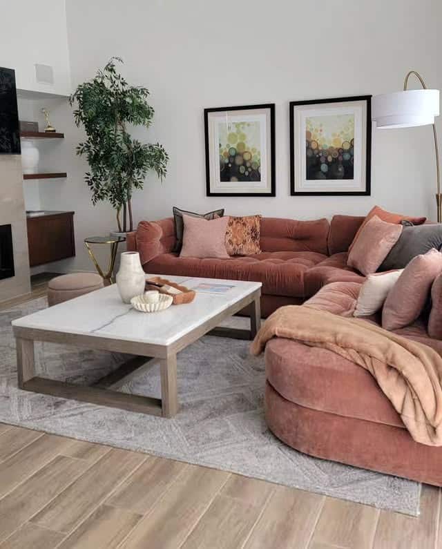 4. Blush Sectional with Warm Contemporary Accents - sectional living room ideas